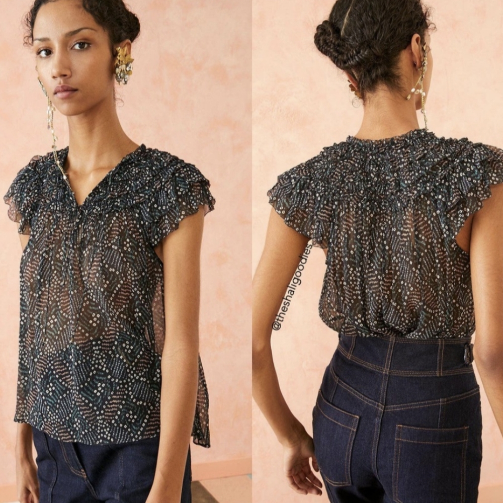 Ulla Johnson Cora Ruffle Silk Blouse XS Top Dusk Navy - Picture 2 of 6